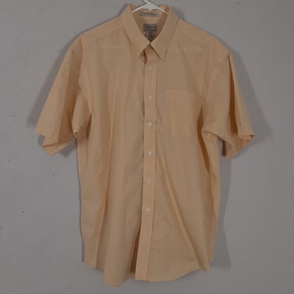 LL Bean Wrinkle Resistant Mens L Yellow White Check Short Sleeve Button Up Shirt - Picture 1 of 7